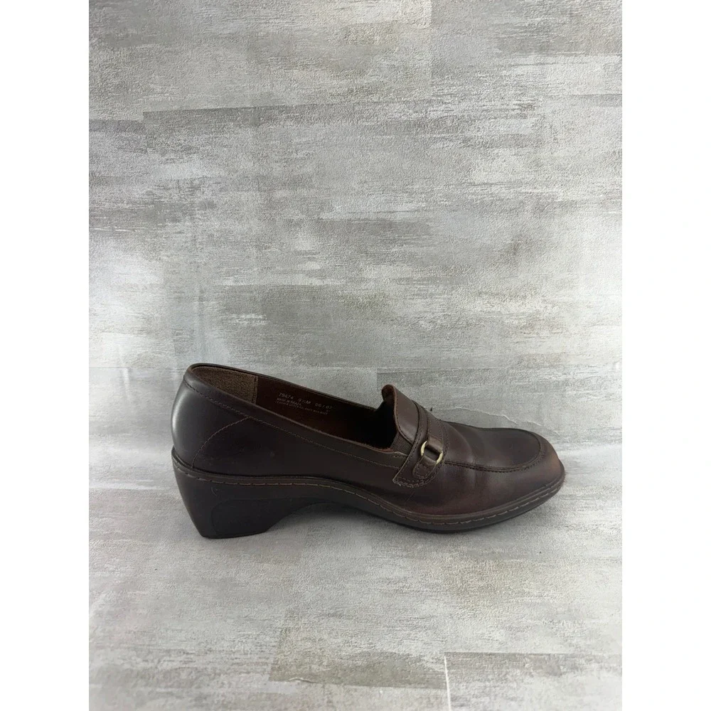 Clarks Women Brown Leather Block Heel Loafers Square Moc Toe 79474 Size 9.5M